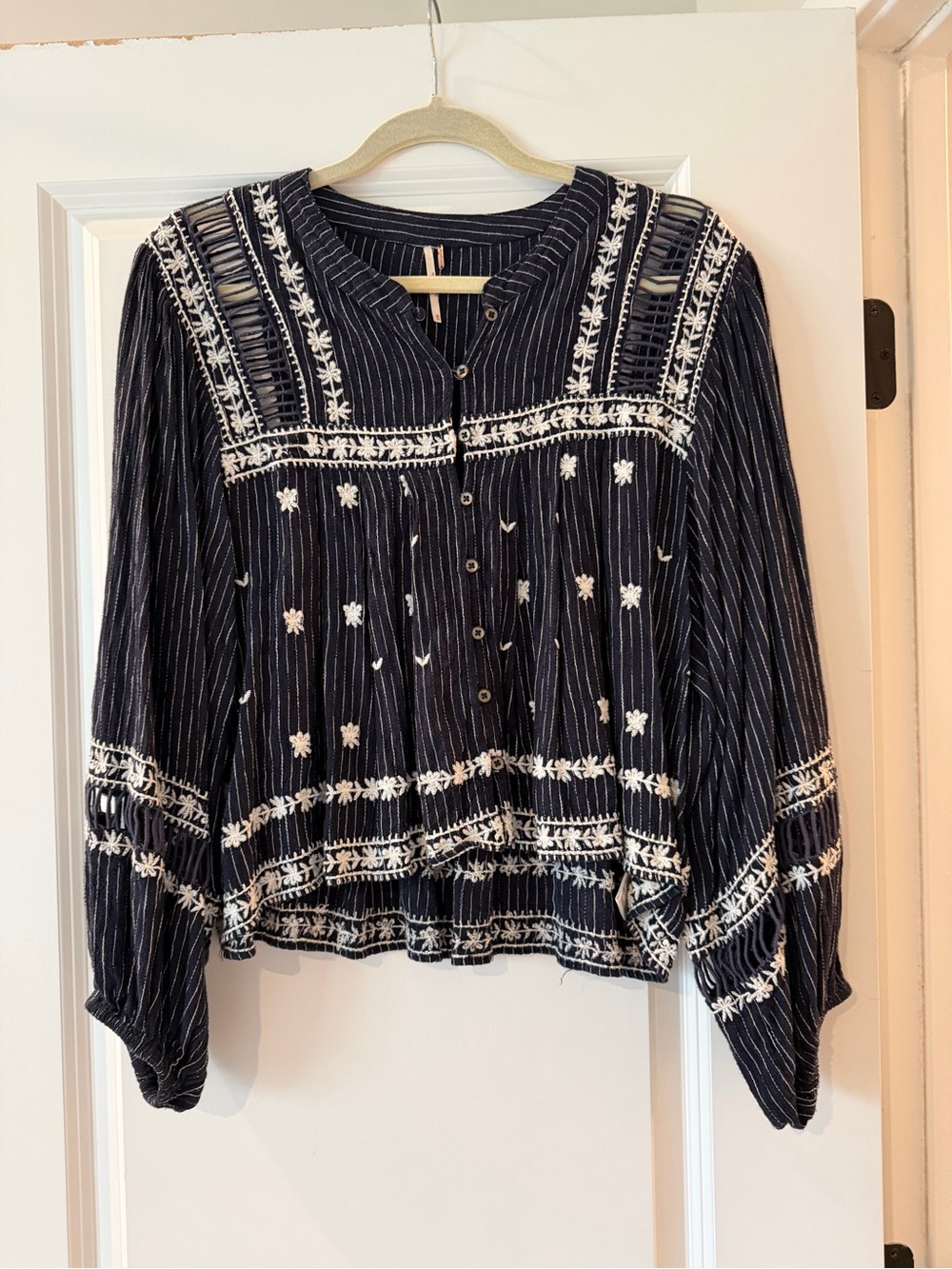 Free People Woven Embroidered Navy Peasant Top